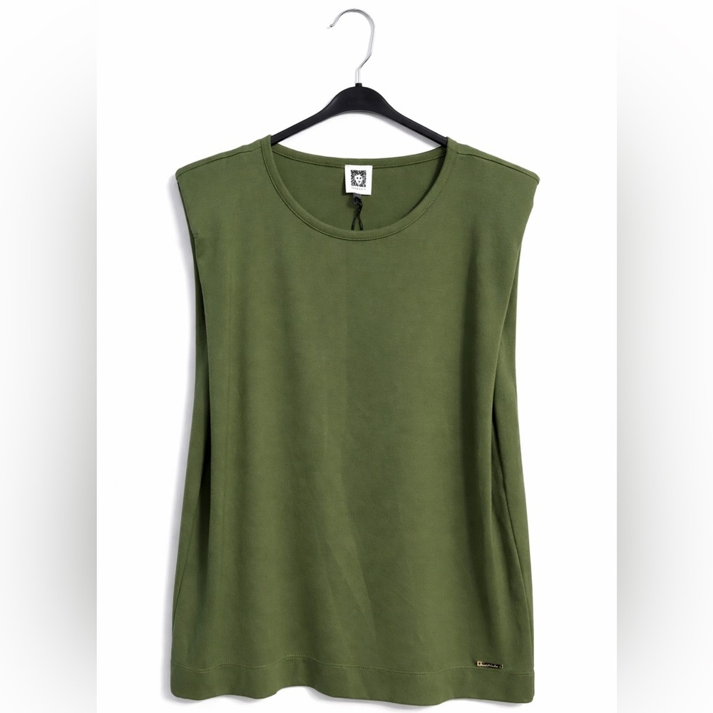 Anne Klein Olive Muscle Tee Shoulder Pads Sleeveless Top S NEW With Tags